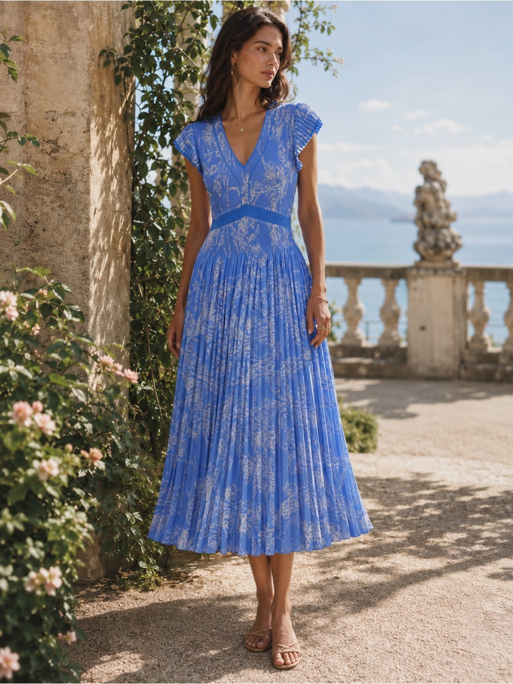 NWT Current Air Blue Floral Pleated V-Neck Midi Dress, Size L